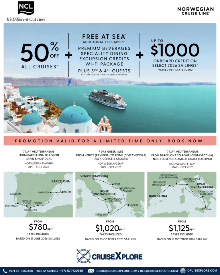 50% Off NCL 2026 Mediterranean Cruises + $1000 Credit!